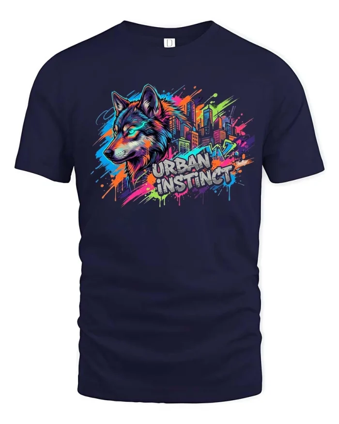 Urban Instinct Wolf City Graffiti Street Art Graphic T Shirt - navy t-shirt on white background