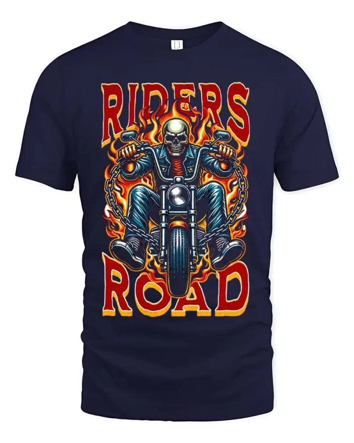 Riders Road Skull Biker Flame Motorcycle Graphic T Shirt - navy t-shirt on white background
