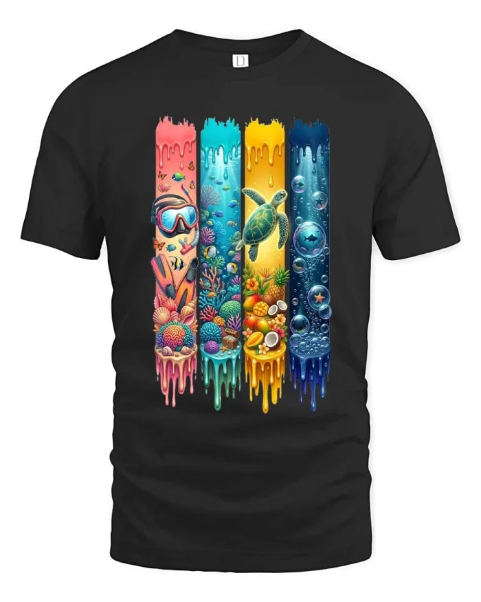 Colorful Ocean Life Graphic T Shirt Vibrant Sea Art Style - black t-shirt on white background