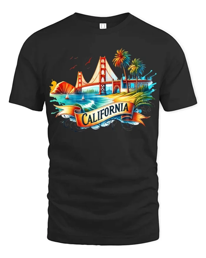 California Golden Coast Graphic T Shirt Vintage Travel Style - black t-shirt on white background