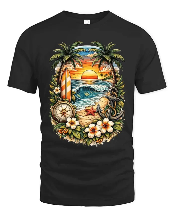 Tropical Sunset Beach Graphic T Shirt Ocean Paradise Style - black t-shirt on white background
