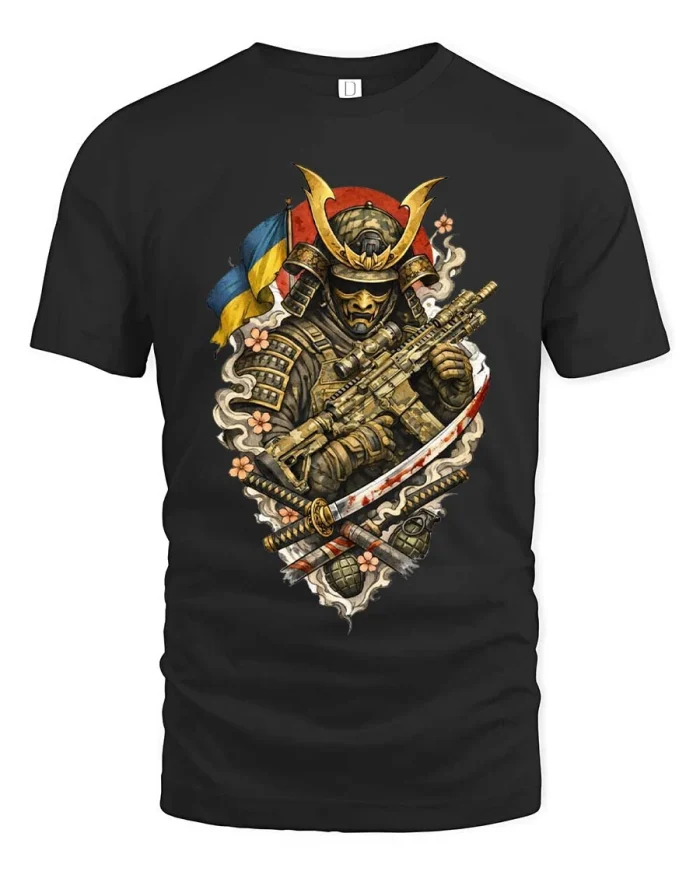 Samurai Warrior Tactical Graphic T Shirt Bold Battle Style - black t-shirt on white background