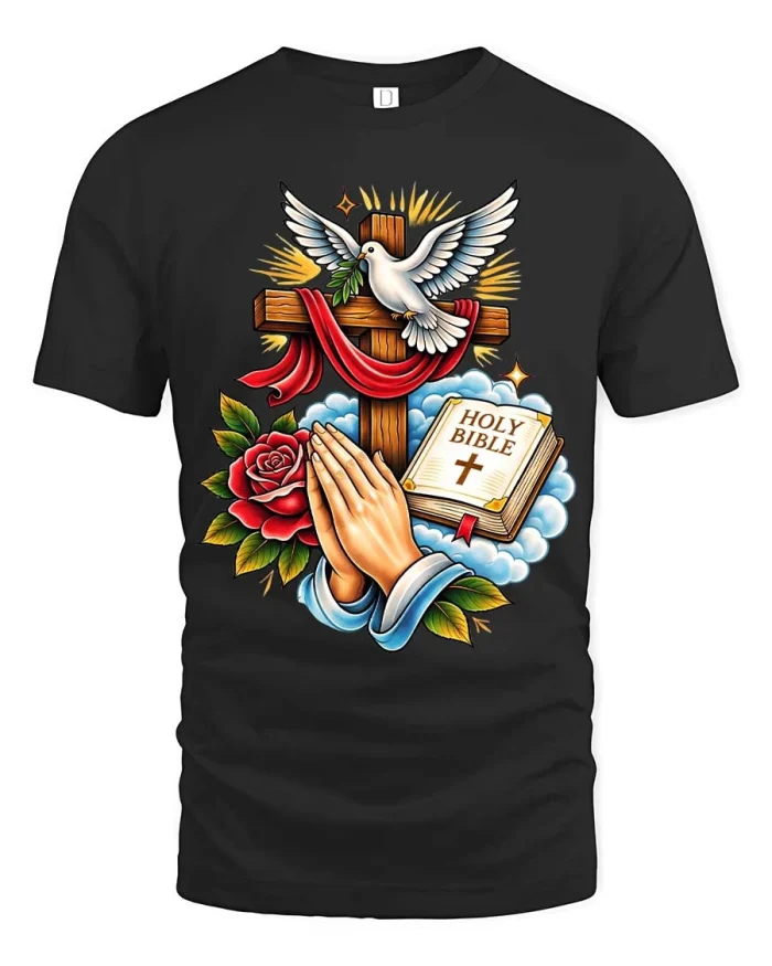 Christian Faith Cross Prayer Graphic T Shirt Holy Spirit Style - black t-shirt on white background