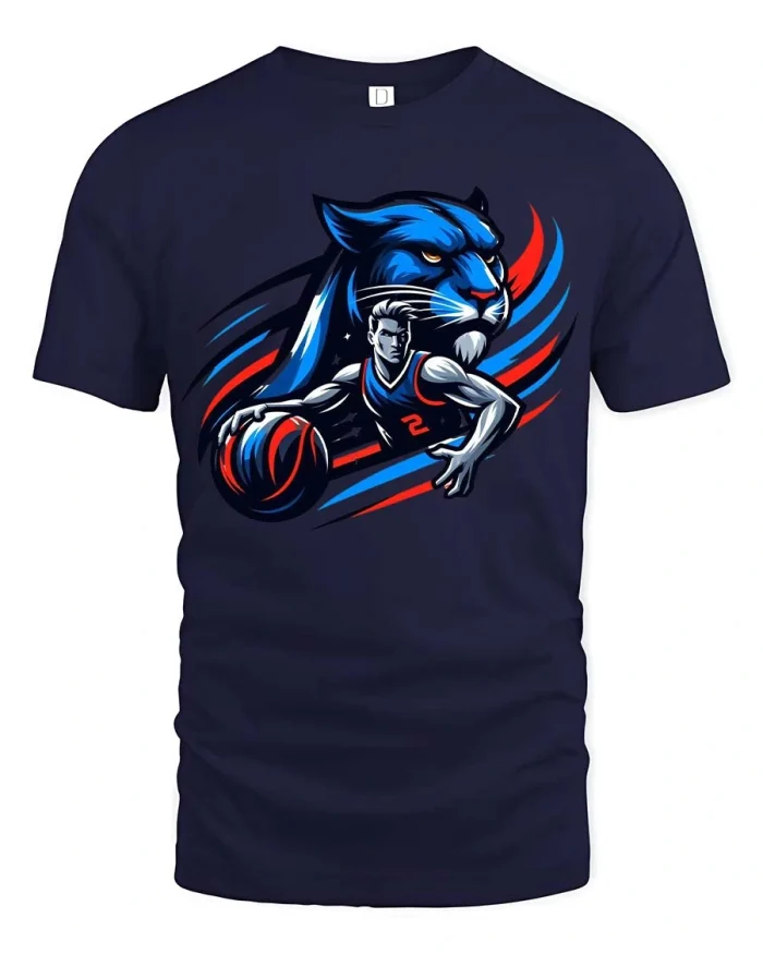 Panther Basketball Player Graphic T Shirt Bold Sports Style - navy t-shirt on white background
