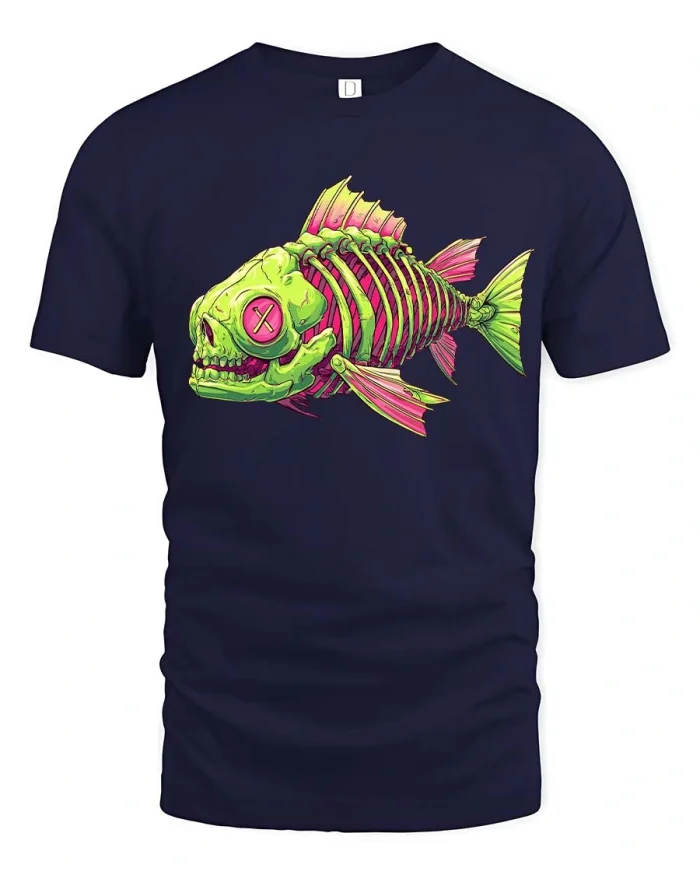 Neon Skeleton Fish Graphic T Shirt Bold Punk Ocean Style - navy t-shirt on white background