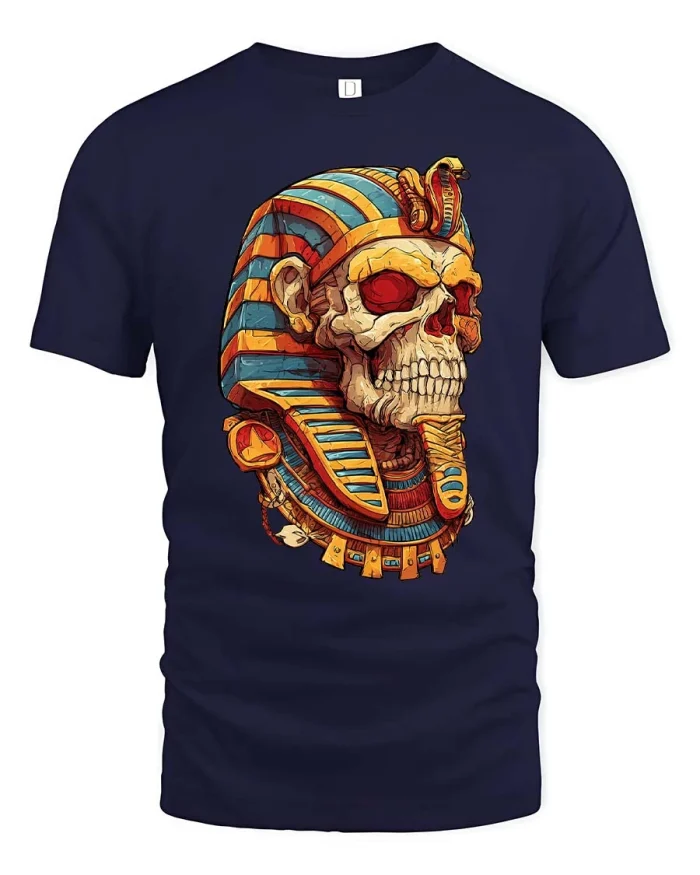 Egyptian Pharaoh Skull Graphic T Shirt Ancient Art Style Tee - navy t-shirt on white background