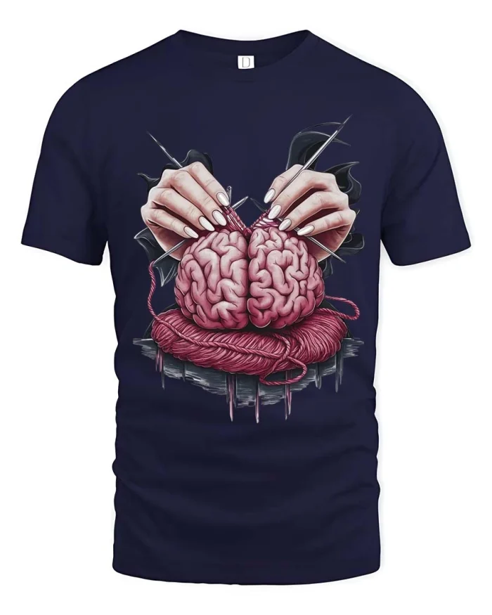 Knitting Brain Graphic T Shirt Dark Humor Creative Art Style - navy t-shirt on white background