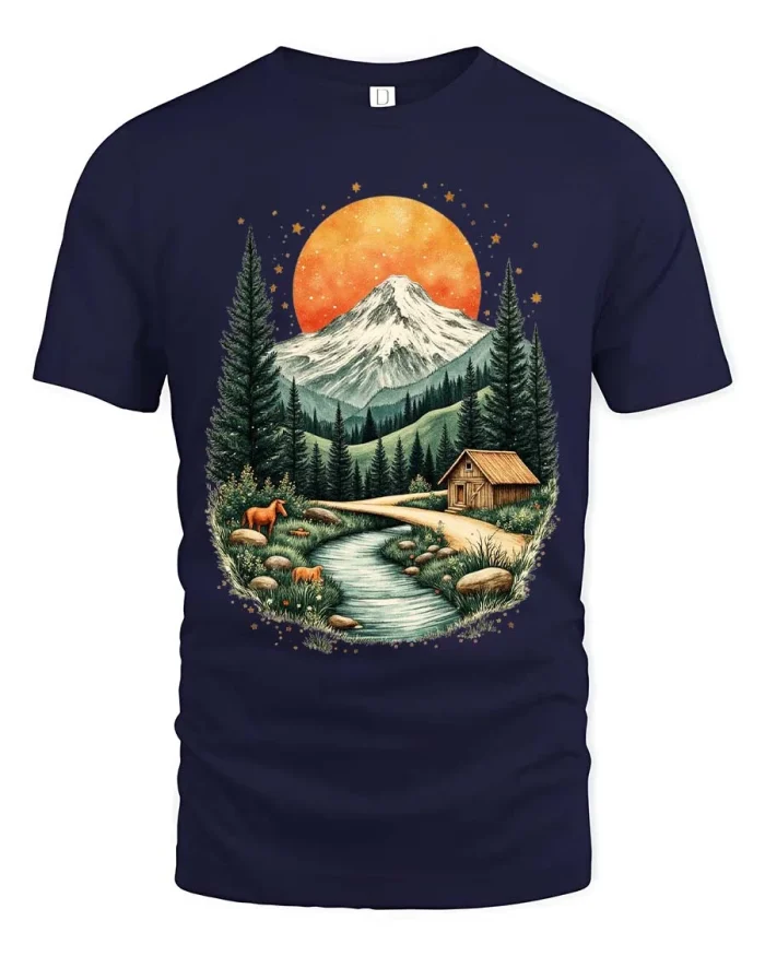 Mountain Cabin Nature Graphic T Shirt Scenic Outdoor Style - navy t-shirt on white background