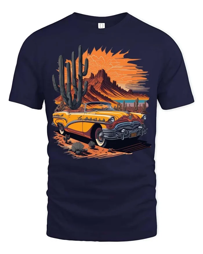 Vintage Desert Classic Car Graphic T Shirt Retro Road Style - navy t-shirt on white background