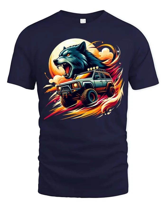 Wolf Off Road Jeep Graphic T Shirt Wild Adventure Style Tee - navy t-shirt on white background