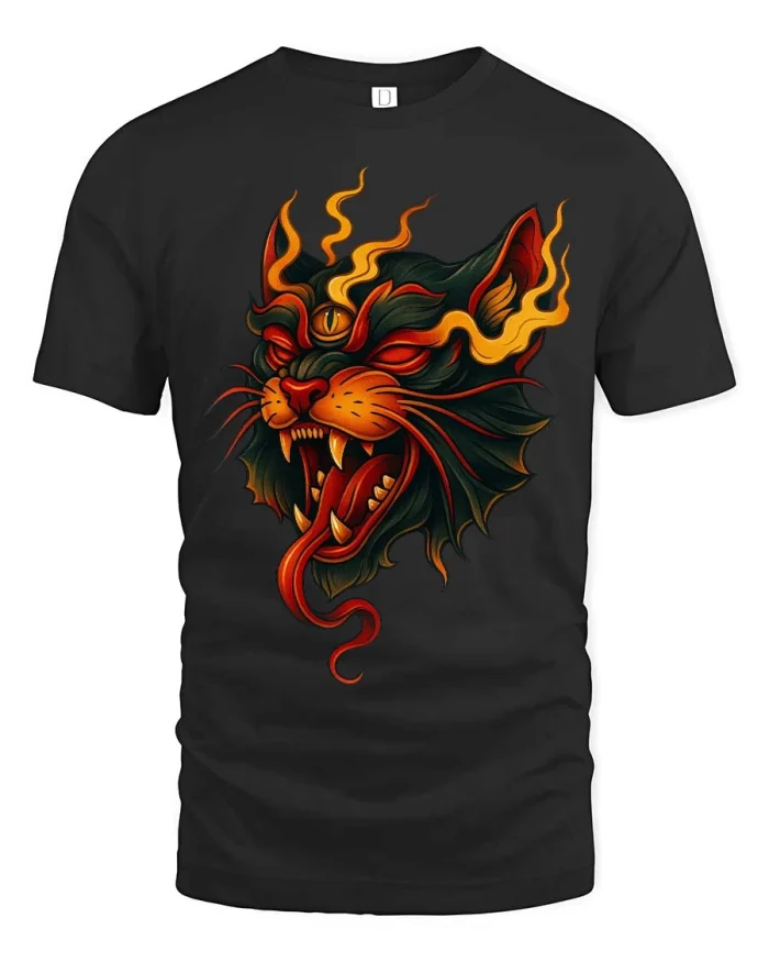 Flaming Demon Cat T Shirt Fierce Gothic Streetwear Art - black t-shirt on white background