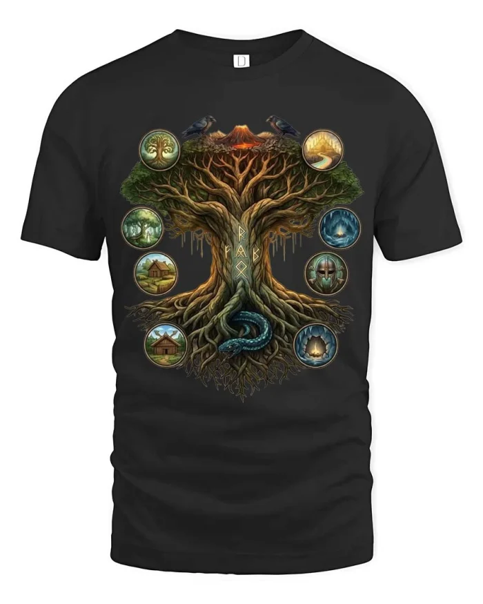 Norse Yggdrasil Tree Of Life T Shirt Viking Mythology Art - black t-shirt on white background