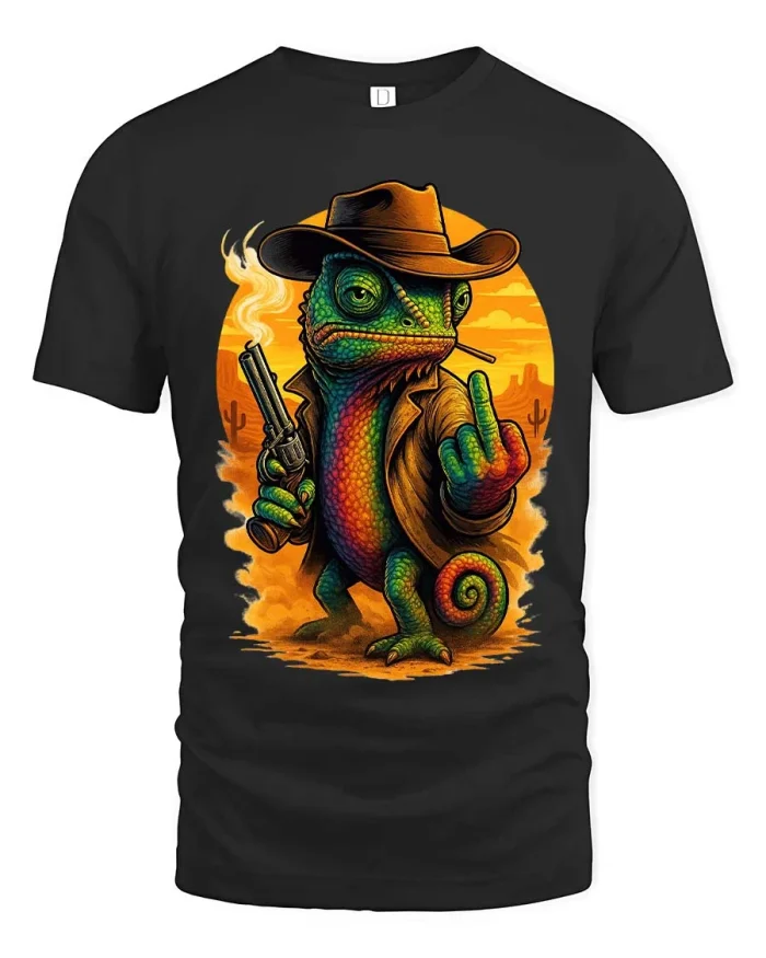 Funny Cowboy Chameleon T Shirt Wild West Rebel Humor - black t-shirt on white background