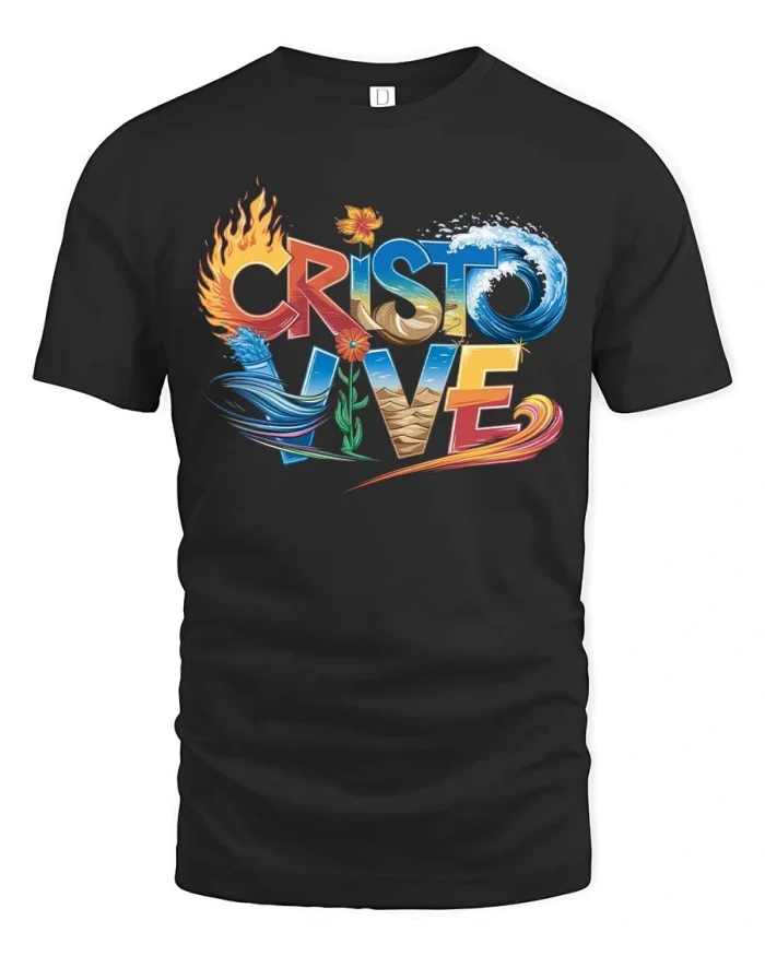 Cristo Vive T Shirt Christian Faith Fire Water Spirit Art - black t-shirt on white background
