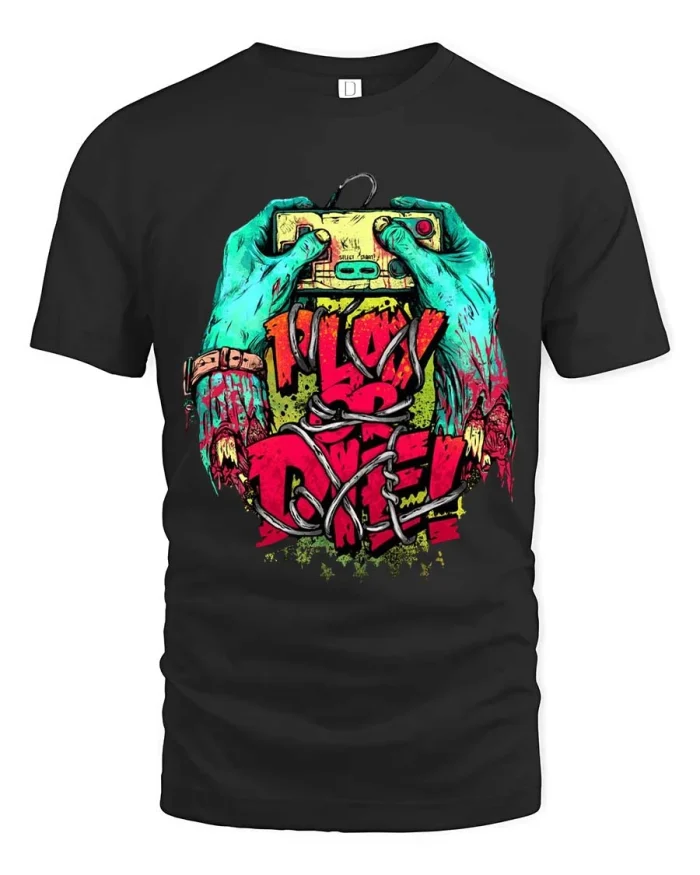 Play Dead Gamer T Shirt Zombie Hands Retro Horror Style - black t-shirt on white background