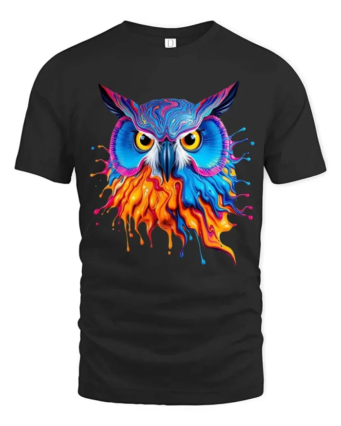 Color Splash Owl T Shirt Psychedelic Neon Art Graphic - black t-shirt on white background