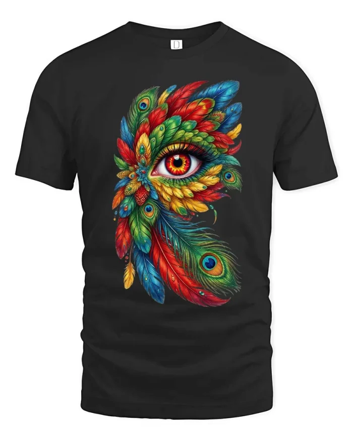 Colorful Feather Eye T Shirt Artistic Boho Fantasy Design - black t-shirt on white background