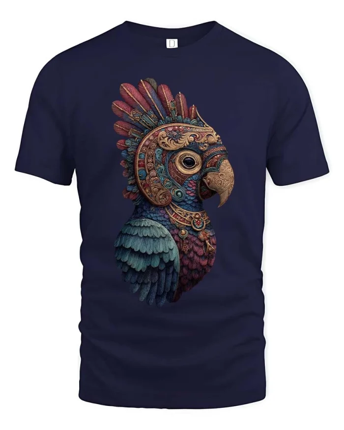 Ornate Parrot T Shirt Vintage Tribal Artistic Bird Design - navy t-shirt on white background