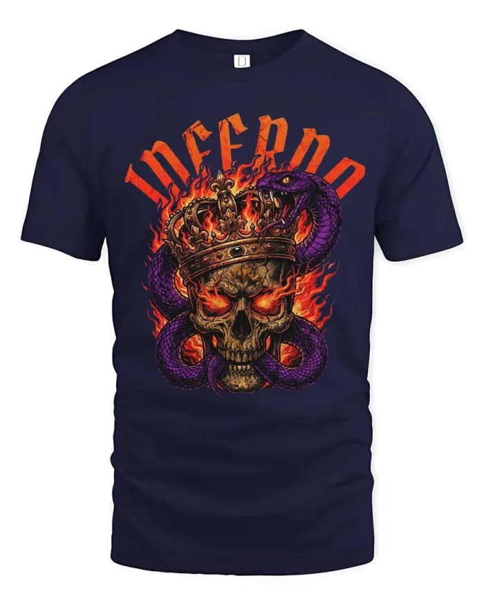 Inferno Crown Skull T Shirt Dark Gothic Snake King Art - navy t-shirt on white background
