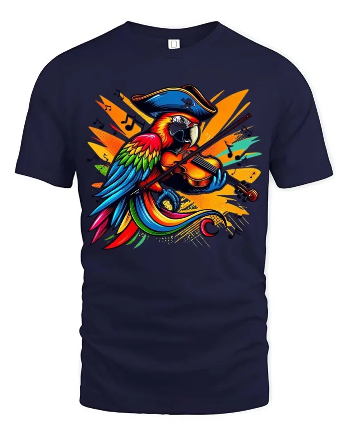 Pirate Parrot Violin T Shirt Colorful Music Art Graphic - navy t-shirt on white background