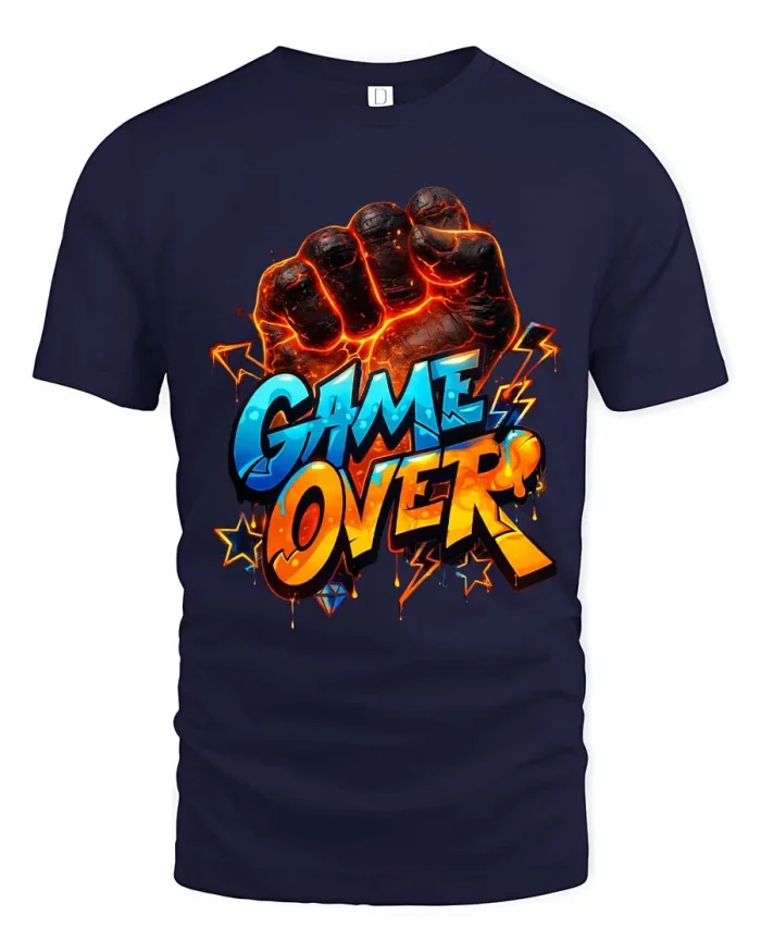 Game Over T Shirt Gamer Power Graphic Streetwear Style - navy t-shirt on white background