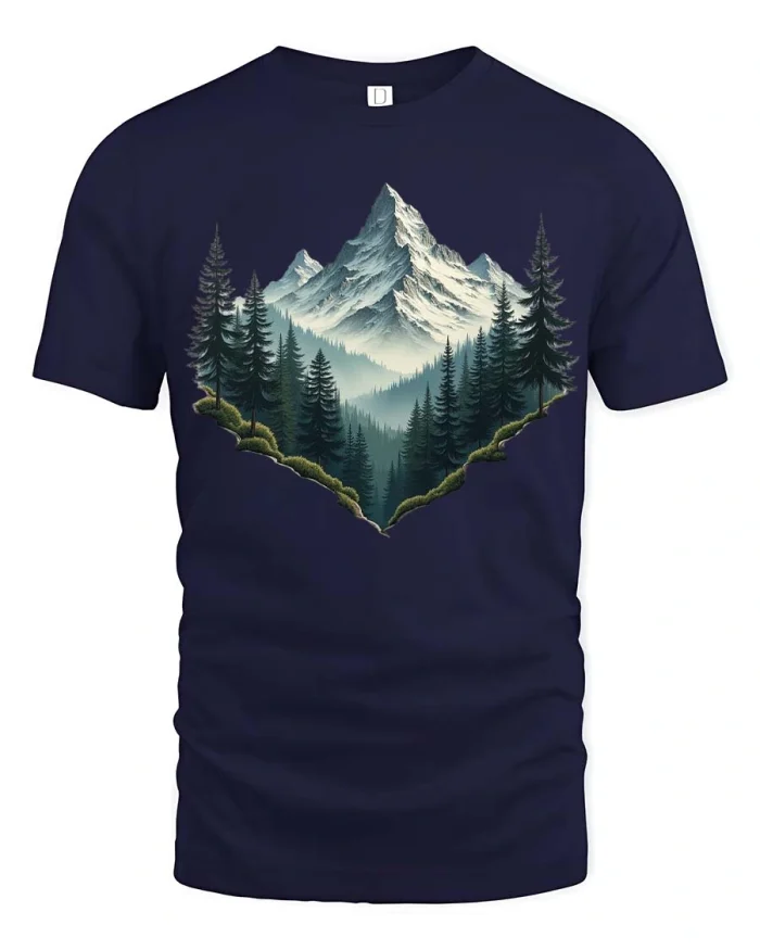 Mountain Forest T Shirt Nature Landscape Adventure Art - navy t-shirt on white background