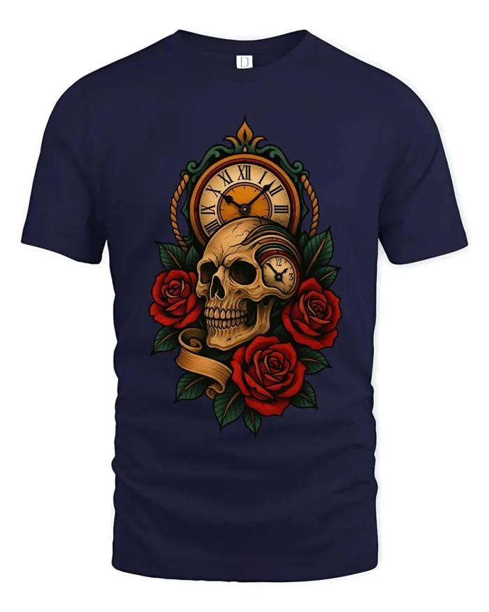 Skull Clock Rose T Shirt Gothic Vintage Time Art Design - navy t-shirt on white background