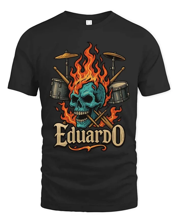 Eduardo Flaming Skull Drummer T Shirt Rock Music Art Style - black t-shirt on white background
