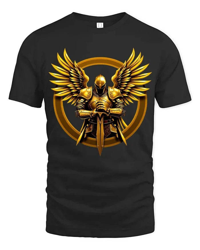Golden Winged Knight T Shirt Legendary Armor Angel Art - black t-shirt on white background