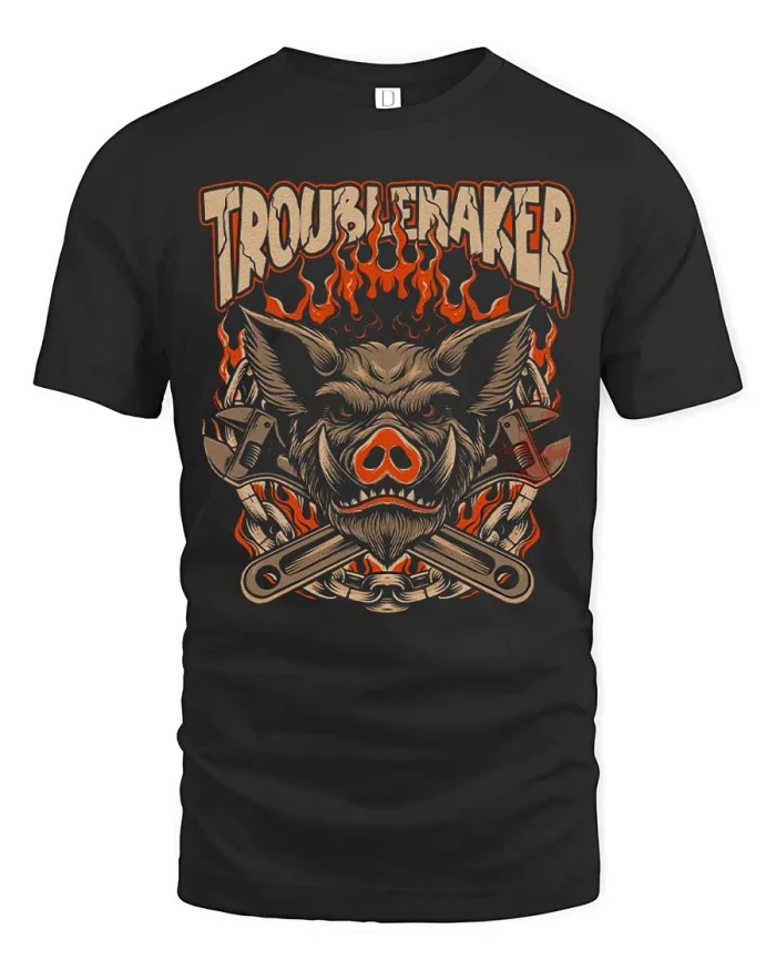 Troubleshaker Boar Mechanic T Shirt Fiery Garage Style - black t-shirt on white background