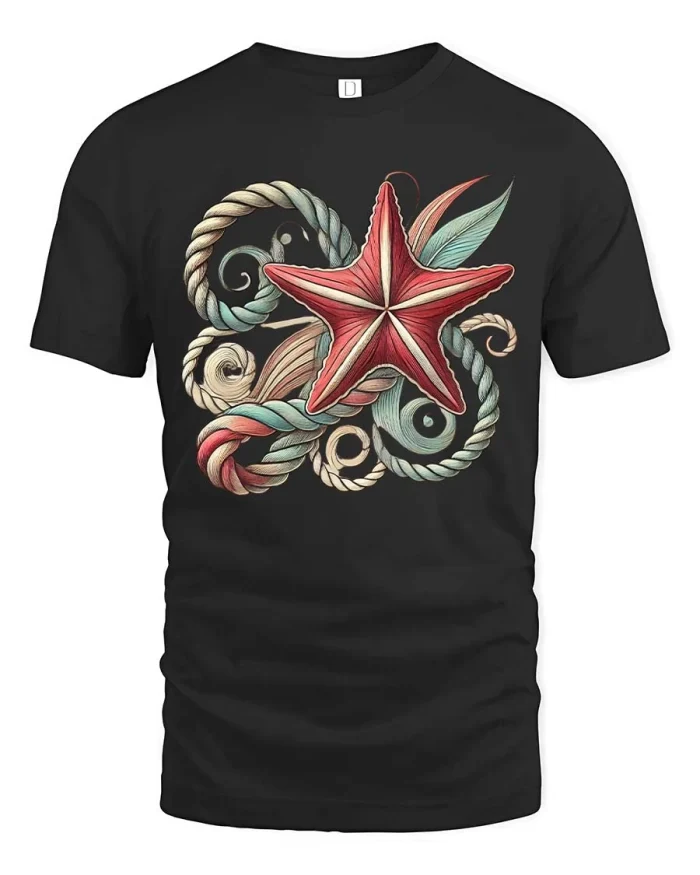 Nautical Starfish T Shirt Ocean Rope Coastal Art Design - black t-shirt on white background