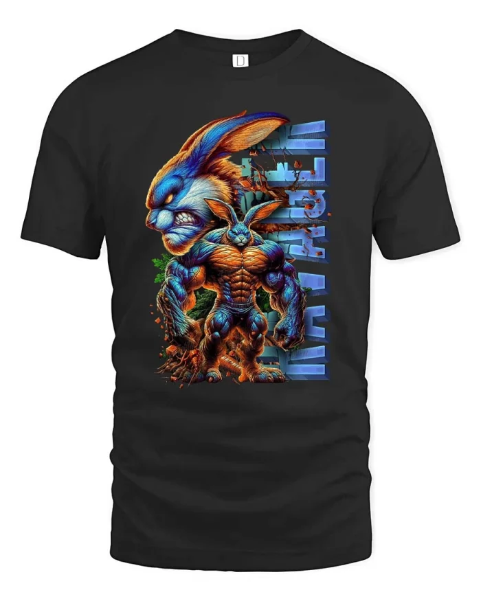 Muscle Bunny T Shirt Powerful Fitness Rabbit Graphic Art - black t-shirt on white background
