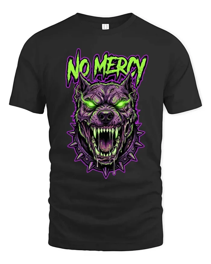 No Mercy Wolf T Shirt Fierce Neon Streetwear Graphic - black t-shirt on white background