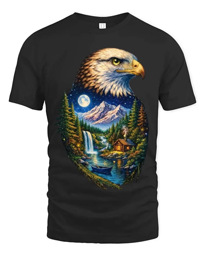 Eagle Nature Landscape T Shirt Mountain Night Scenic Art - black t-shirt on white background
