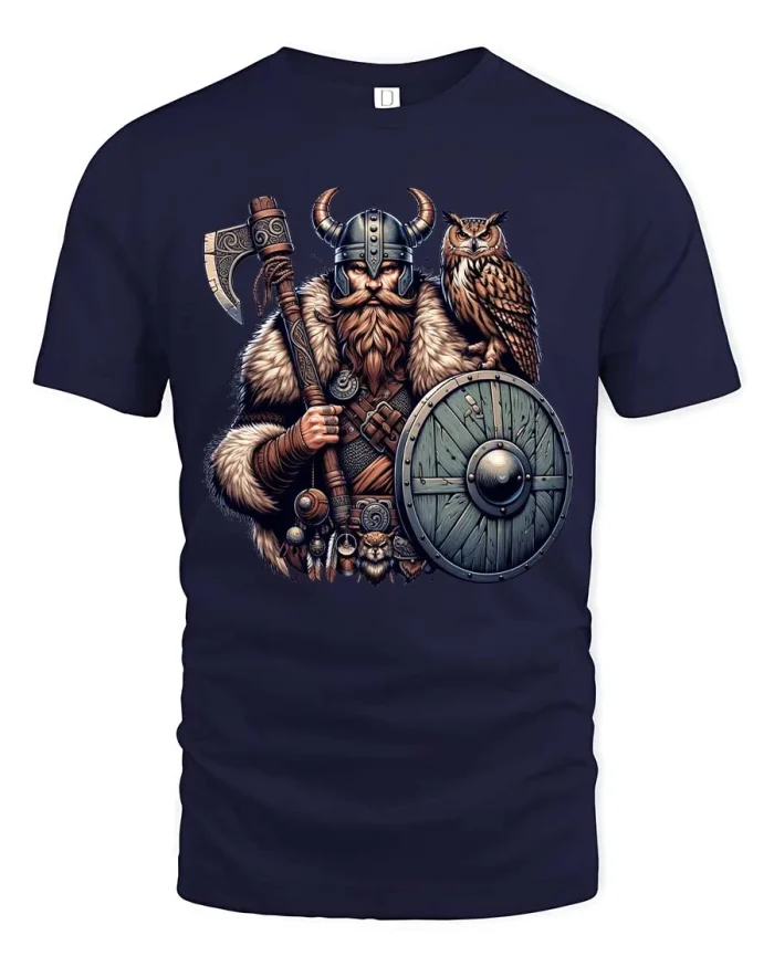Viking Warrior T Shirt Norse Legend Axe Shield Graphic - navy t-shirt on white background