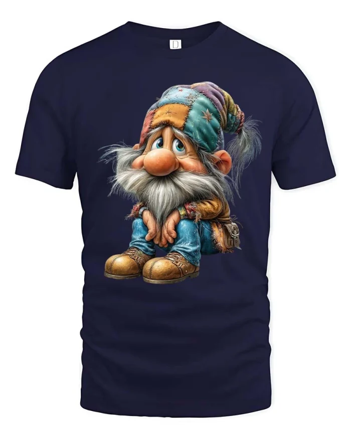 Cute Gnome T Shirt Whimsical Fantasy Character Art Style - navy t-shirt on white background