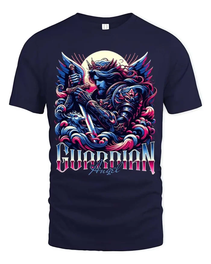 Guardian Angel T Shirt Celestial Warrior Fantasy Art - navy t-shirt on white background