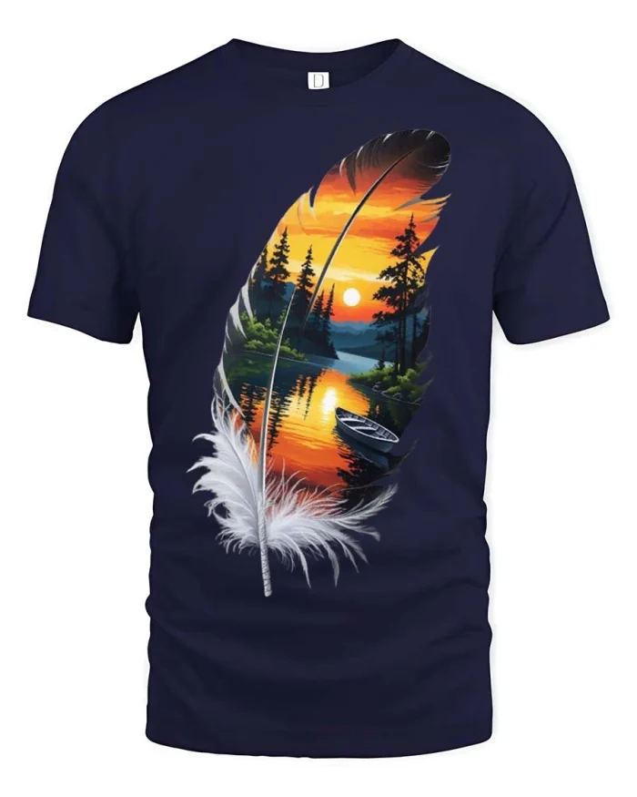 Feather Sunset Lake T Shirt Scenic Nature Landscape Art - navy t-shirt on white background