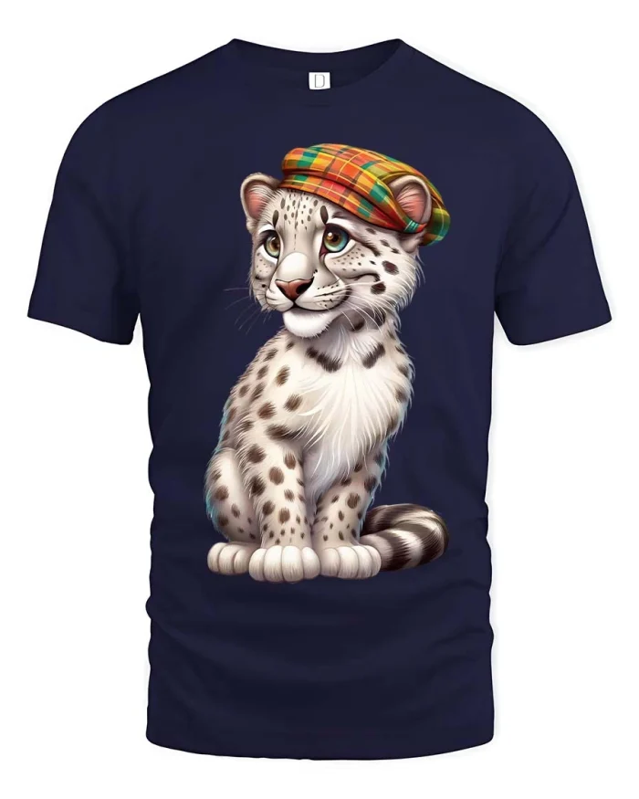 Cute Snow Leopard T Shirt Adorable Wild Cat Art Style - navy t-shirt on white background