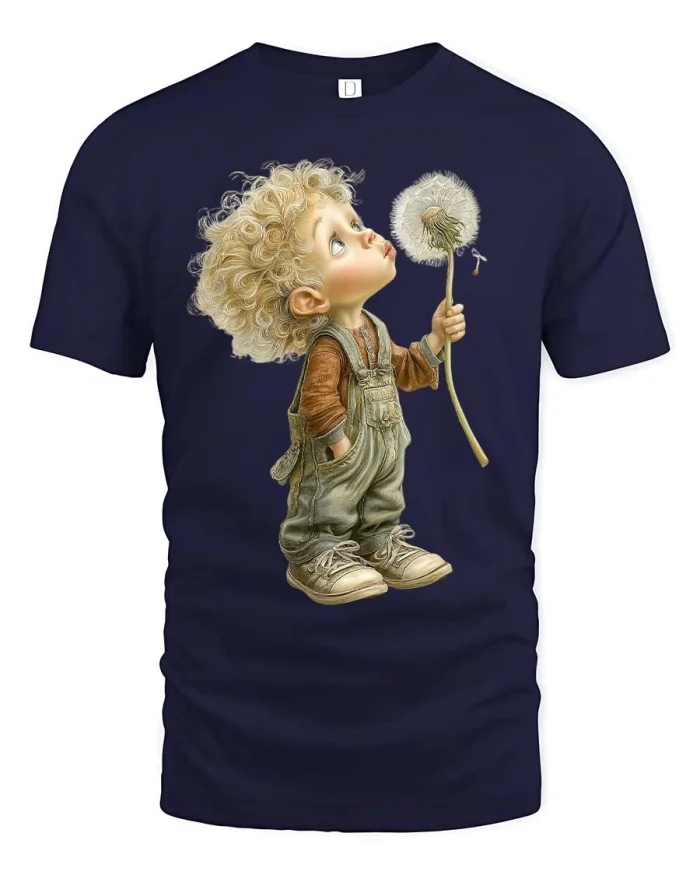 Cute Child Dandelion T Shirt Whimsical Storybook Art Style - navy t-shirt on white background