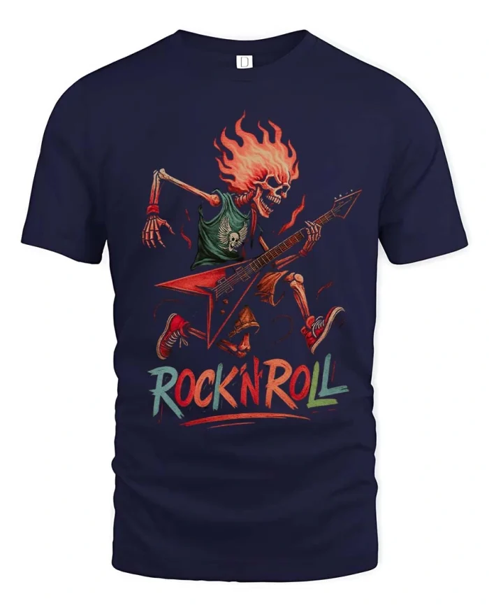 Rock N Roll Skeleton Guitar T Shirt Flaming Skull Art Style - navy t-shirt on white background