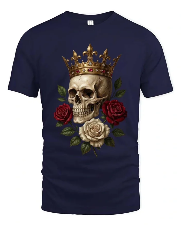 Crowned Skull Rose T Shirt Gothic Royal Art Graphic - navy t-shirt on white background