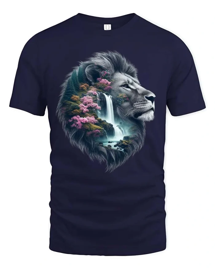 Lion Nature Waterfall T Shirt Majestic Wildlife Art Style - navy t-shirt on white background