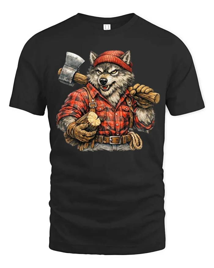 Lumberjack Wolf Graphic Tee Funny Rugged Timber Beast Tshirt - black t-shirt on white background