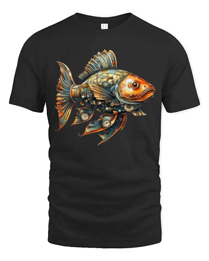 Steampunk Mechanical Fish Graphic Tee Vintage Robot Sea Tshirt - black t-shirt on white background