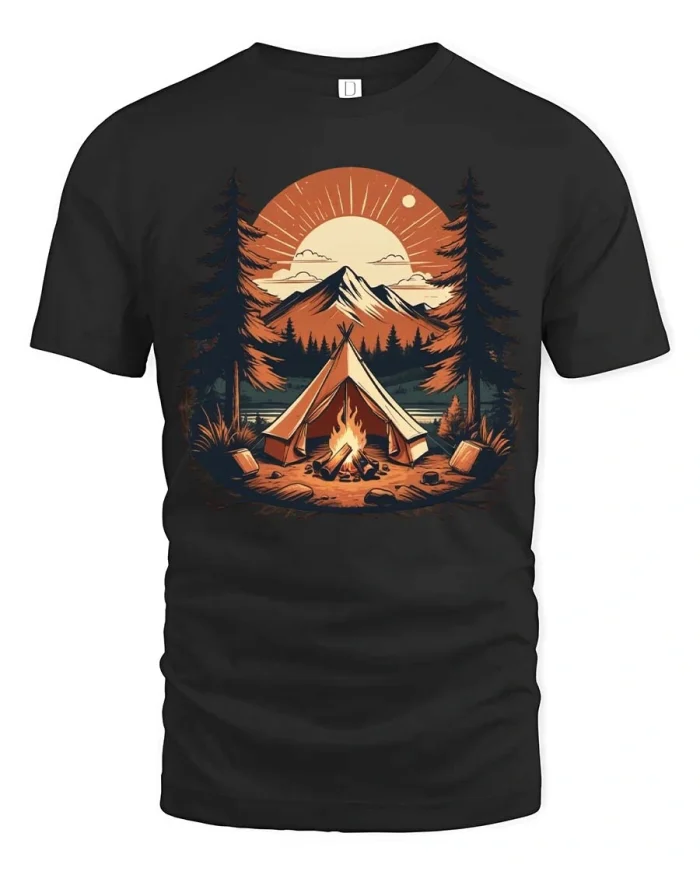 Vintage Camping Tent Graphic Tee Mountain Campfire Adventure Tshirt - black t-shirt on white background