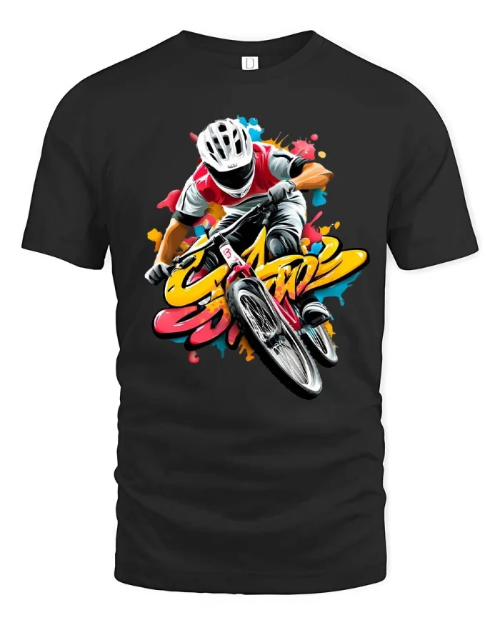 Extreme Mountain Bike Graphic Tee Colorful BMX Rider Action Tshirt - black t-shirt on white background