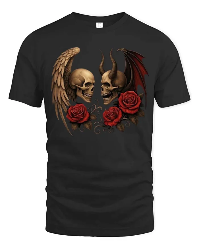 Angel Devil Skull Graphic Tee Gothic Rose Dark Fantasy Tshirt - black t-shirt on white background