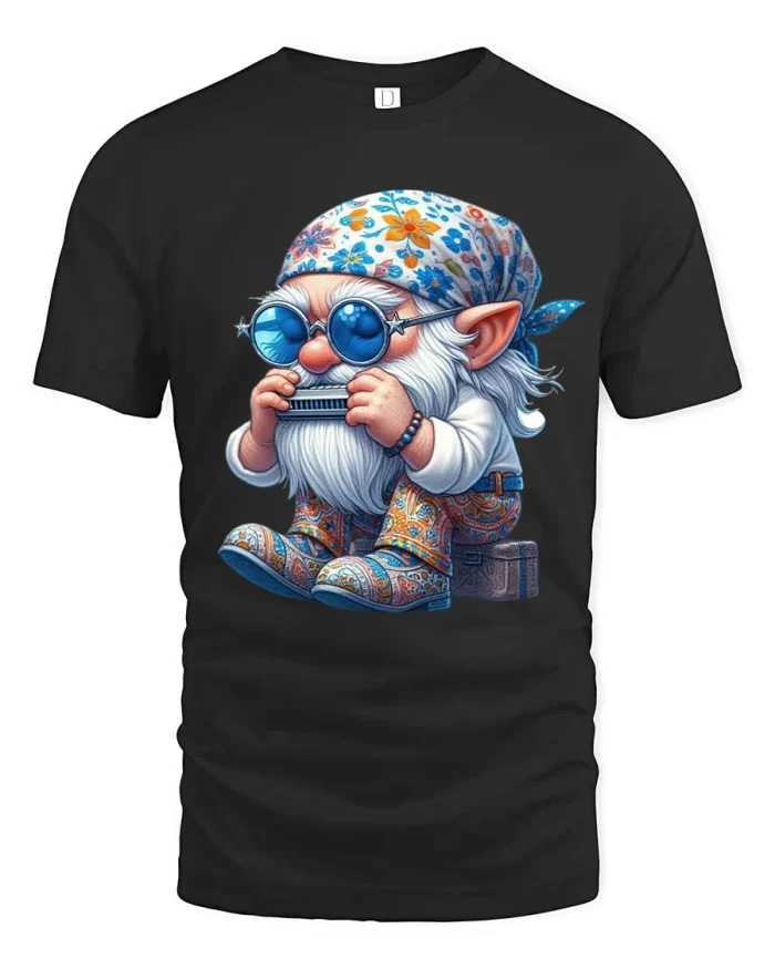 Cute Hippie Gnome Playing Harmonica Graphic Tee Retro Style Tshirt - black t-shirt on white background