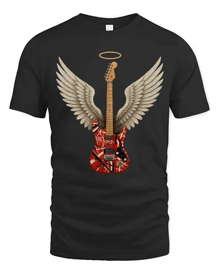 Angel Wing Electric Guitar Graphic Tee Rock Music Style Tshirt - black t-shirt on white background